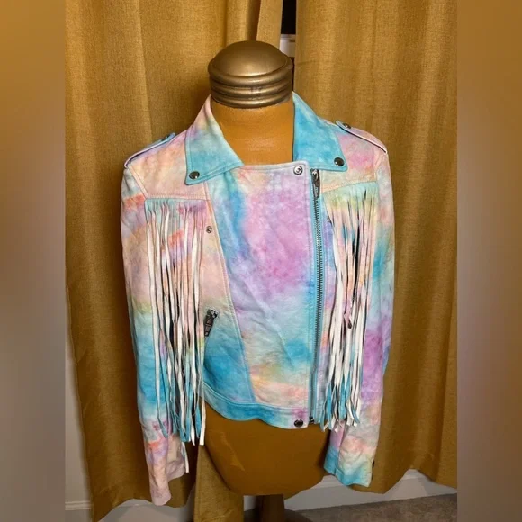 **RARE** Blank NYC Tie Dye Fringe Leather Moto Jacket - Picture 6 of 16